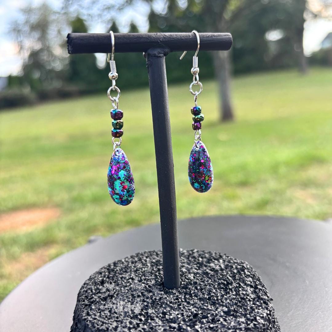 Purple Glitter Teardrop Dangle Earrings