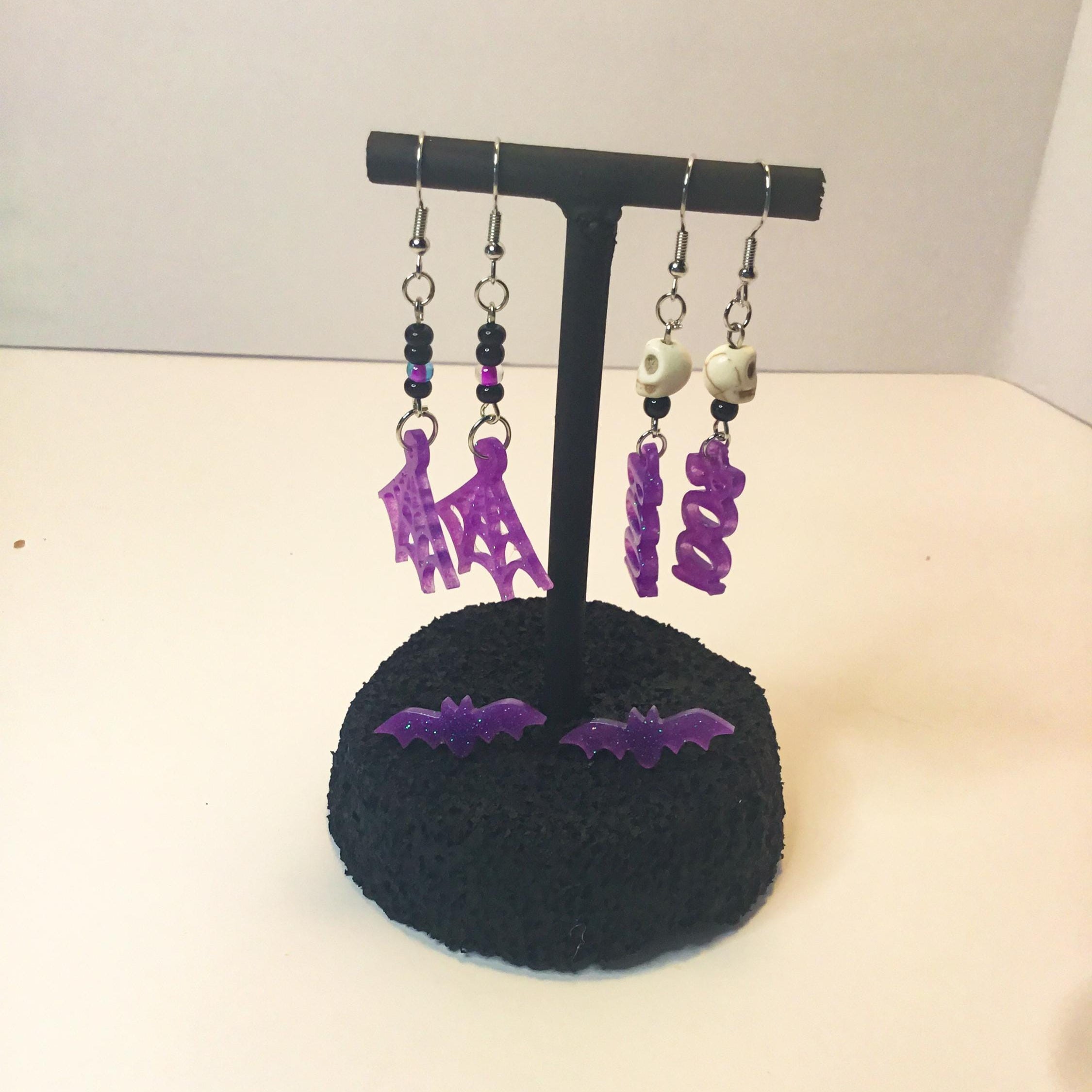 Halloween Earrings Set: Purple Spiderweb, BOO, Bats