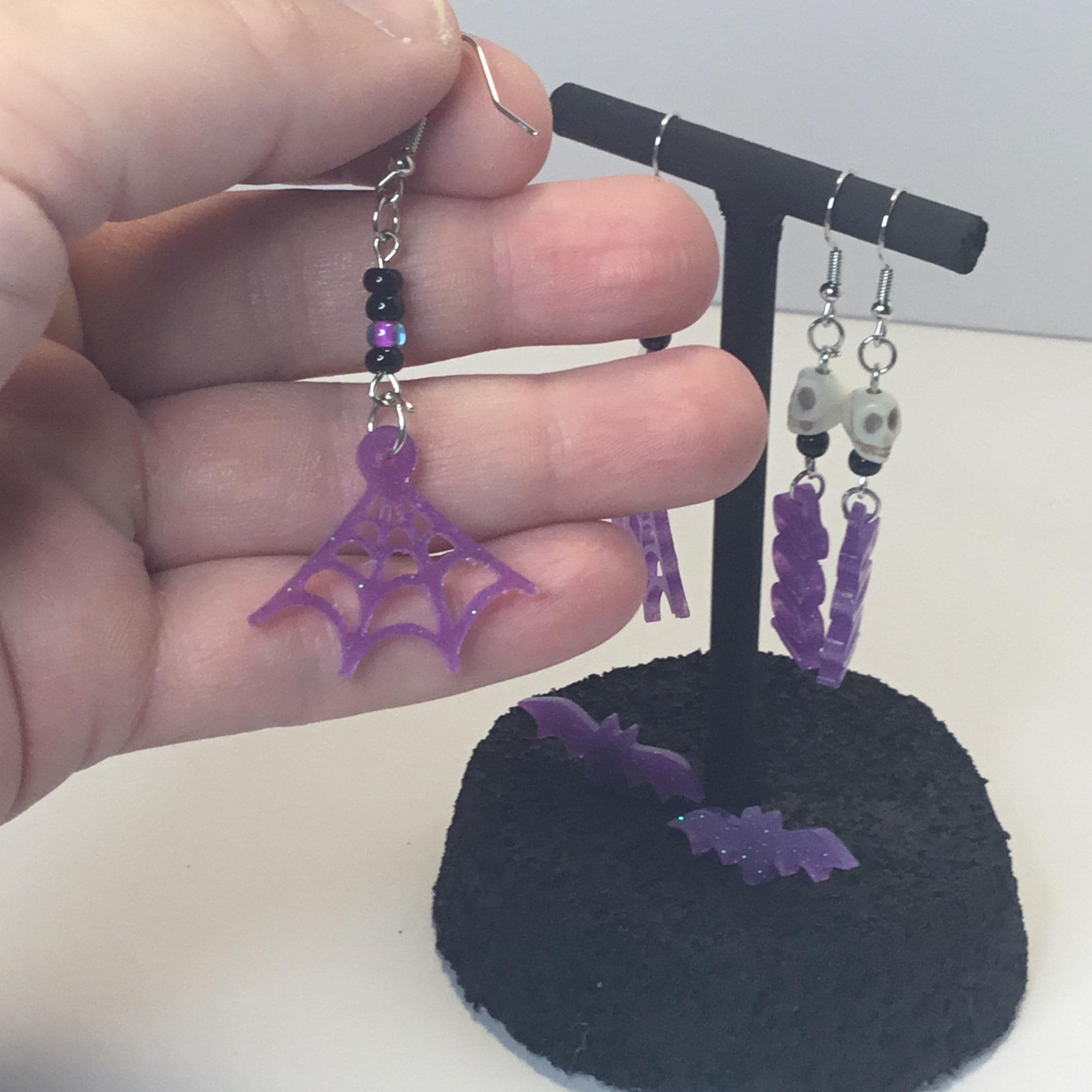 Halloween Earrings Set: Purple Spiderweb, BOO, Bats