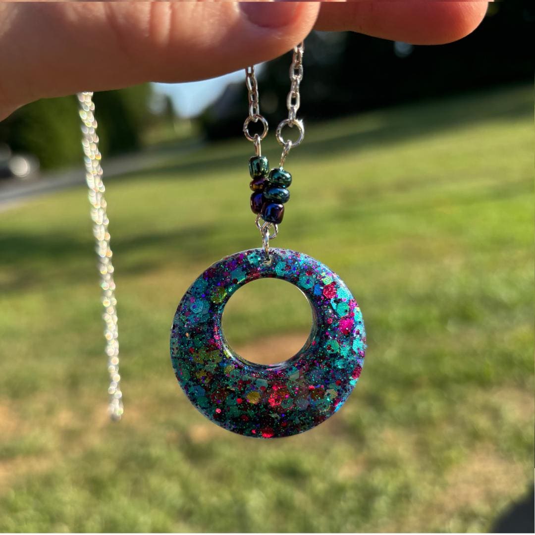 Teal & Purple Glitter Resin Pendant Necklace