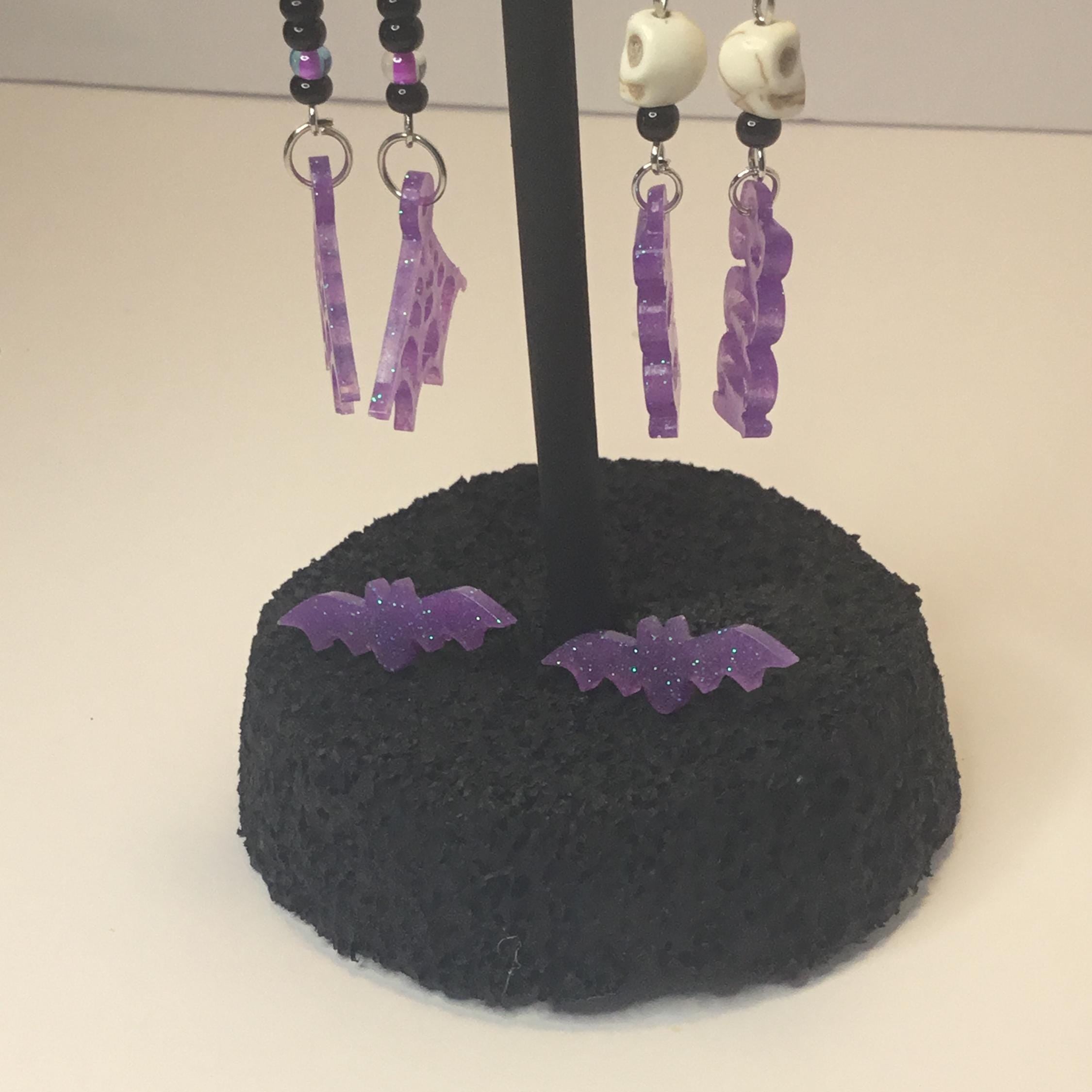 Halloween Earrings Set: Purple Spiderweb, BOO, Bats