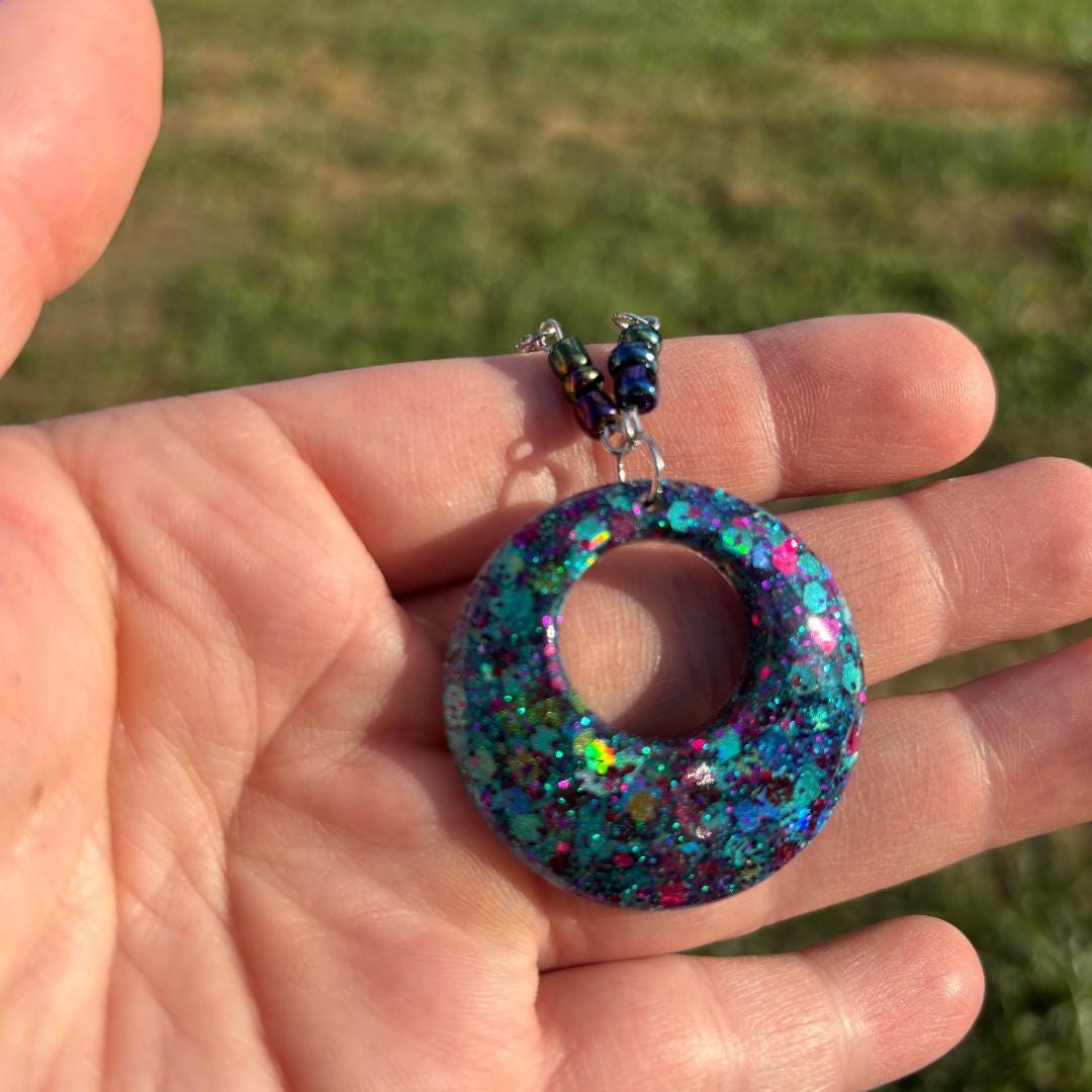 Teal & Purple Glitter Resin Pendant Necklace