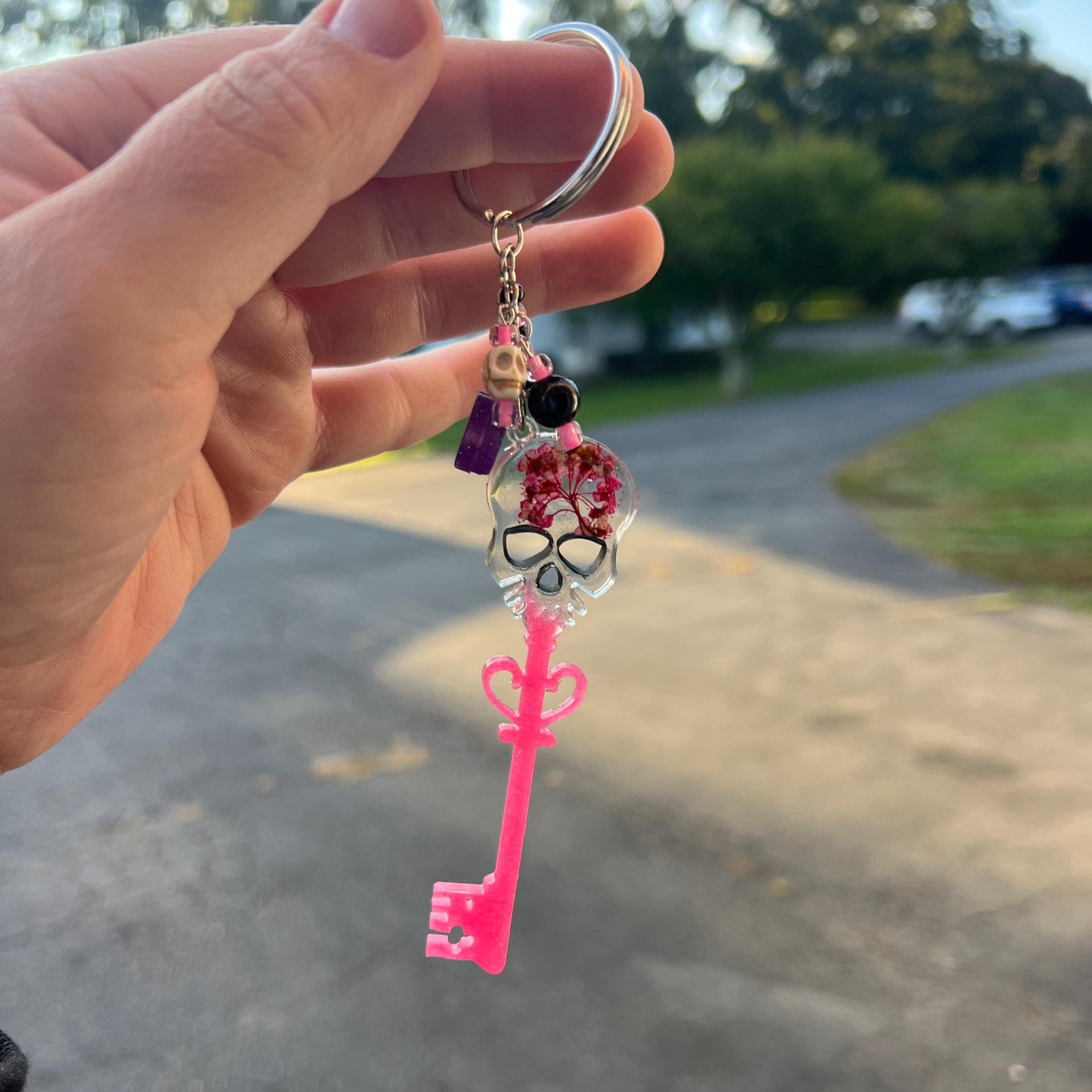 Pink Glitter Skeleton Key Keychain