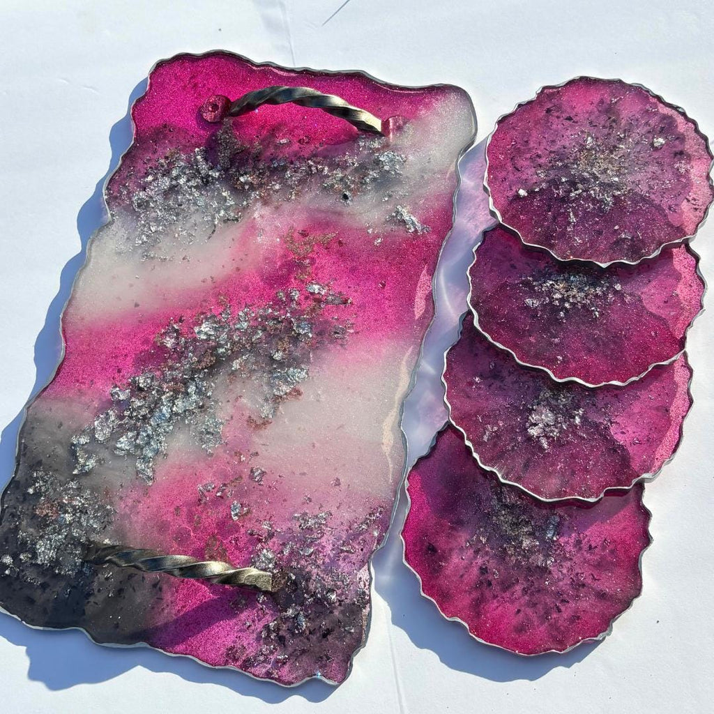 Pink & Silver Geode Resin Tray and Coaster Set