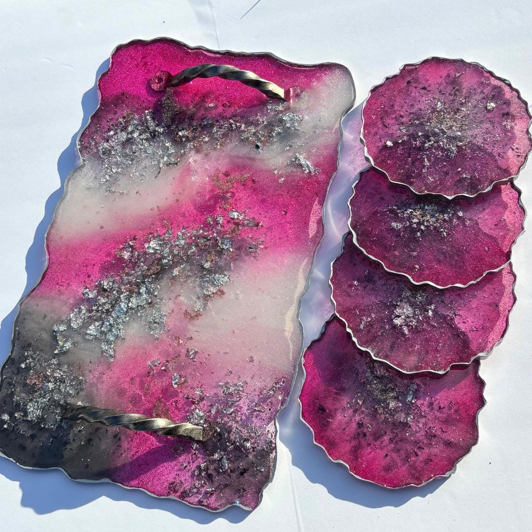 Pink & Silver Geode Resin Tray and Coaster Set