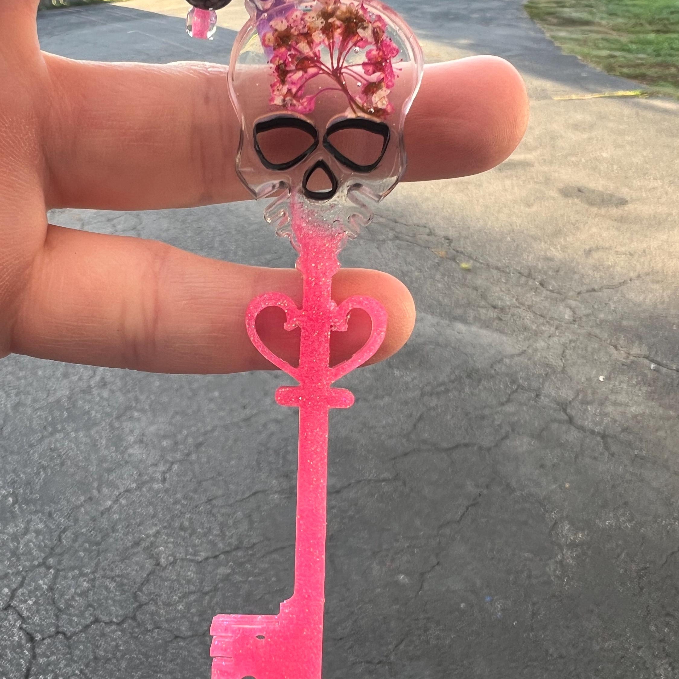 Pink Glitter Skeleton Key Keychain