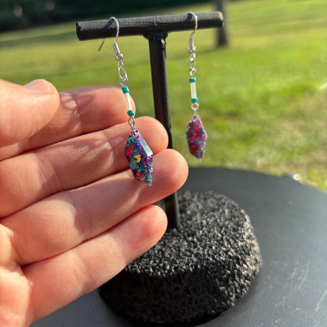 Purple Teal Glitter Gem Dangle Earrings