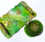 Green and Gold Geode Resin Tray and Coaster Set