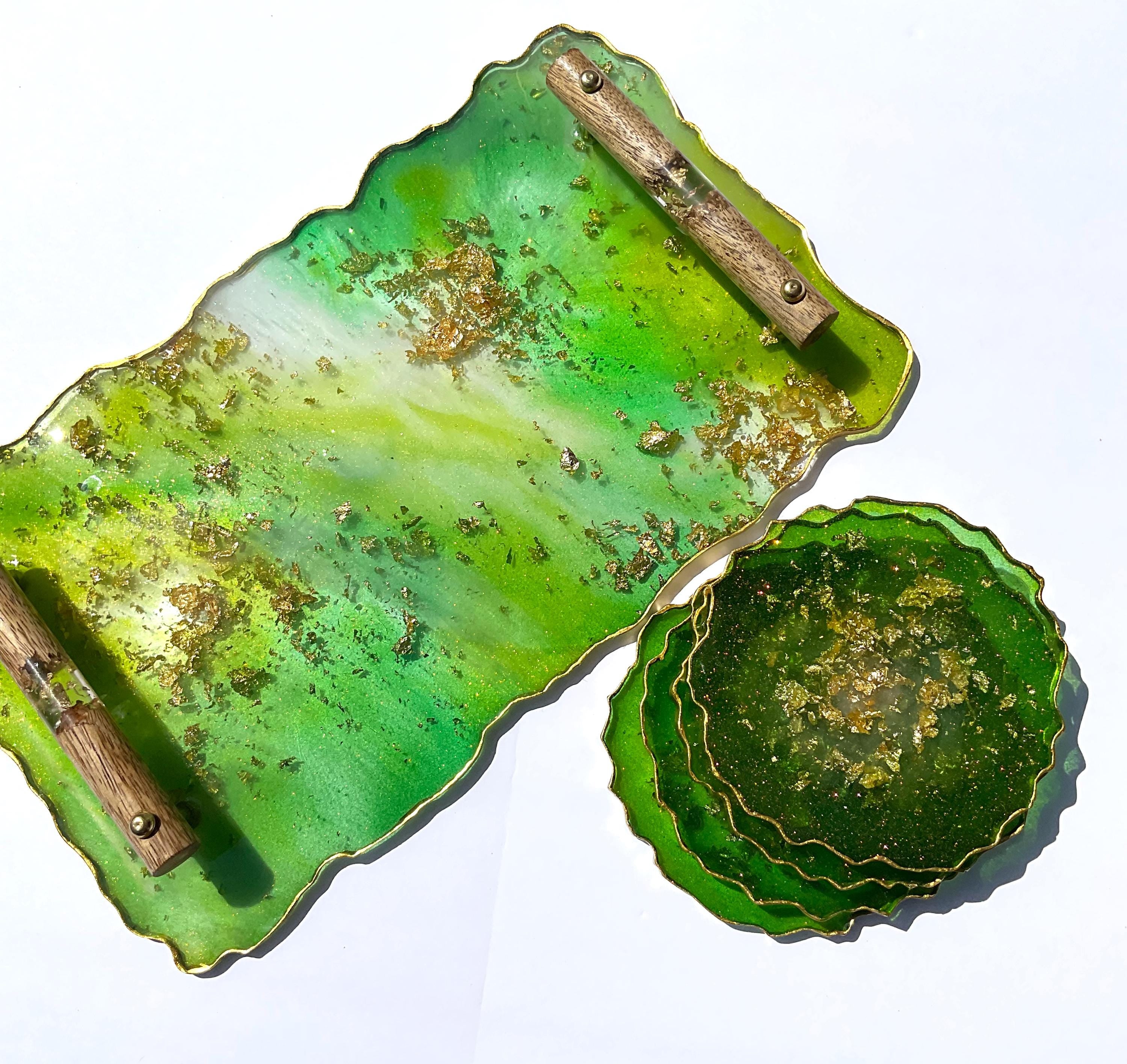 Green and Gold Geode Resin Tray and Coaster Set