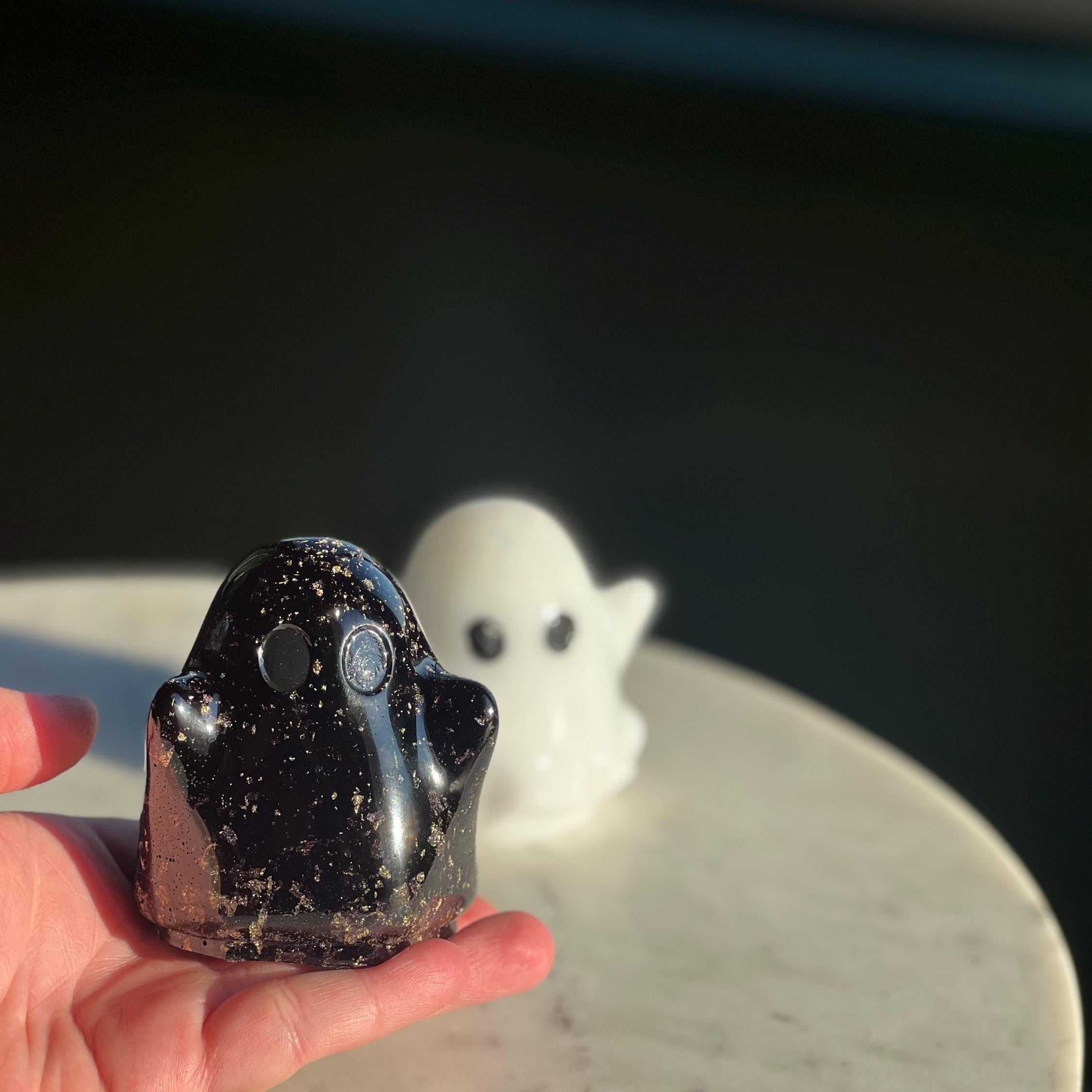 Black Gold Leaf & White Glitter Ghost Statues