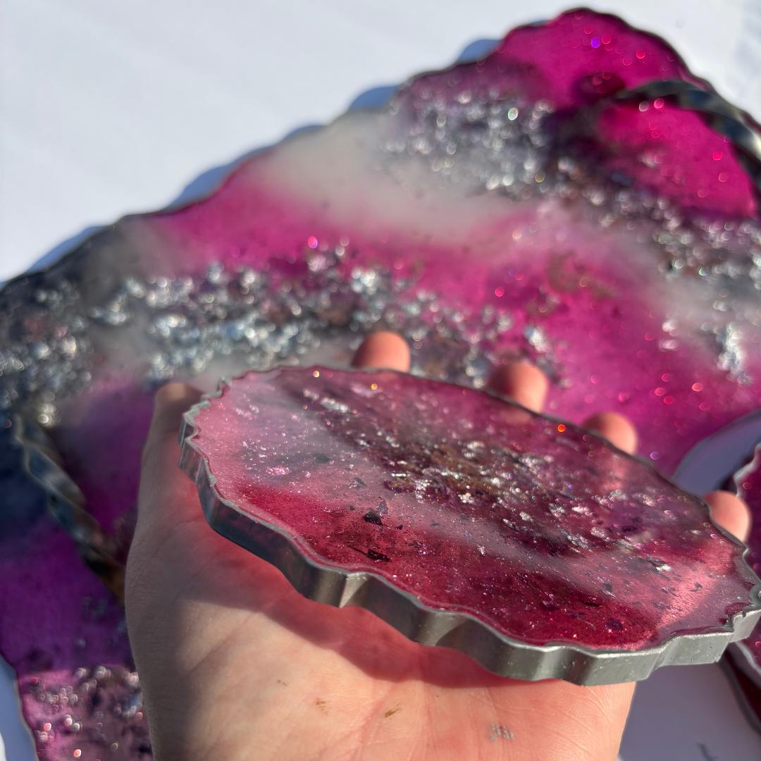 Pink & Silver Geode Resin Tray and Coaster Set