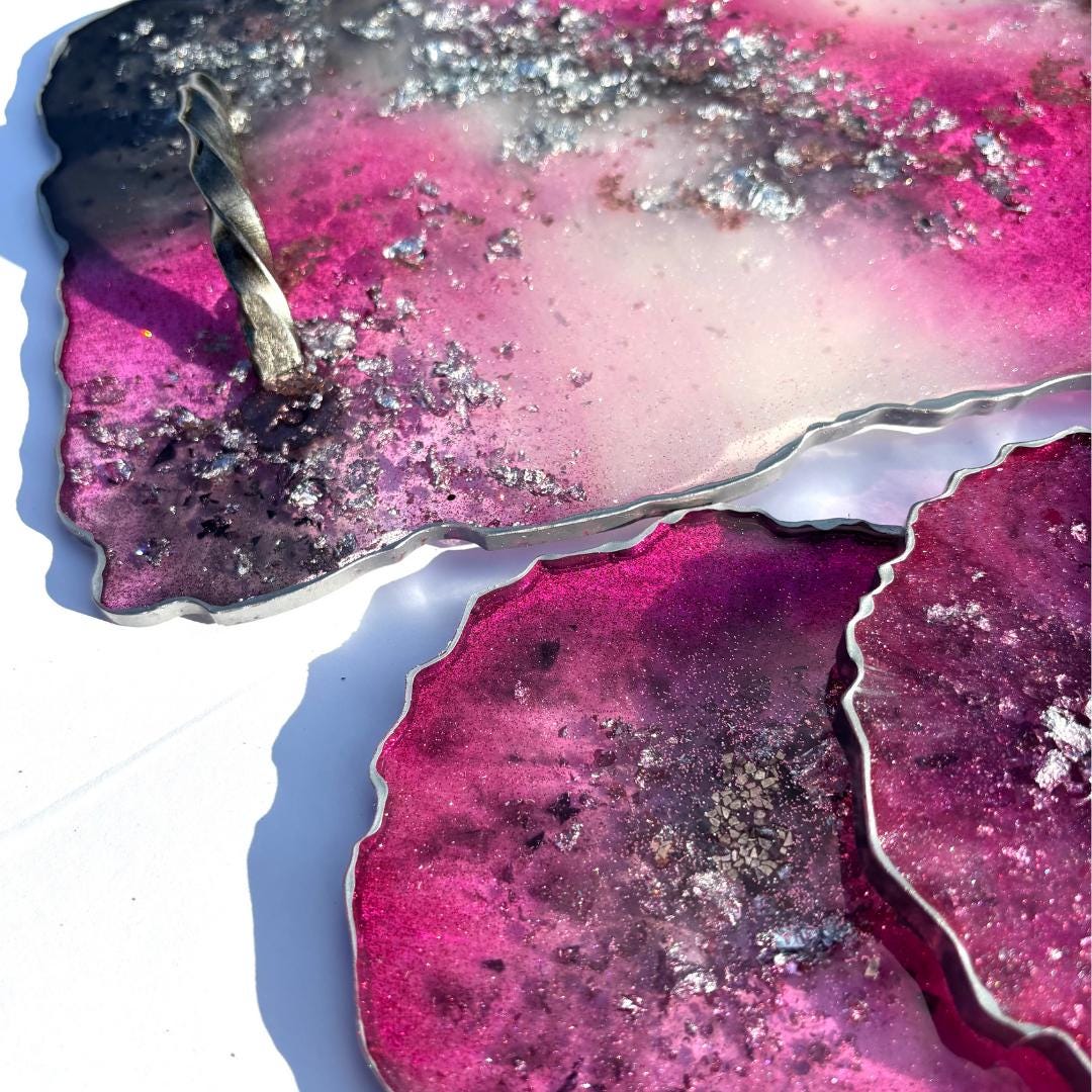Pink & Silver Geode Resin Tray and Coaster Set