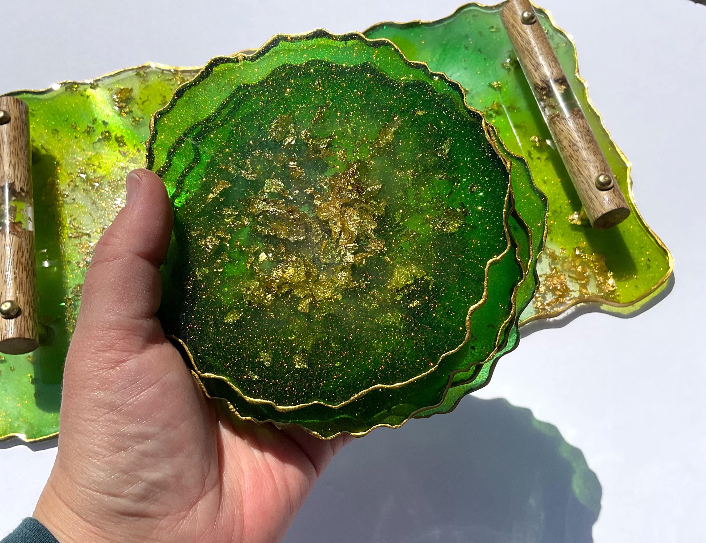 Green and Gold Geode Resin Tray and Coaster Set