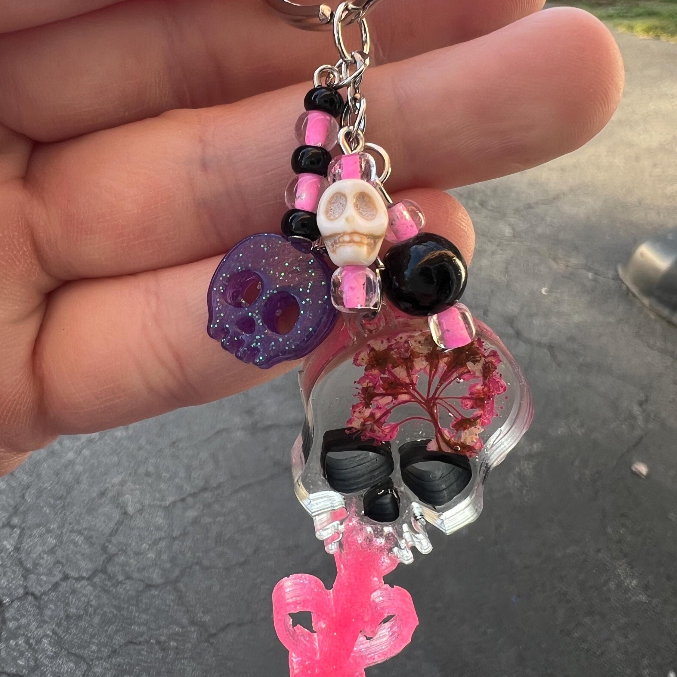Pink Glitter Skeleton Key Keychain
