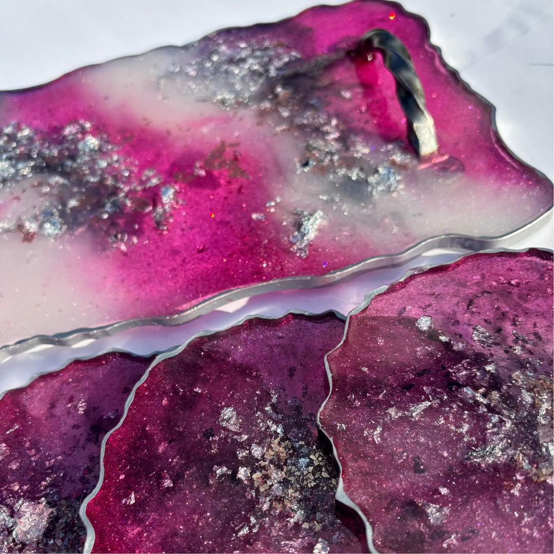 Pink & Silver Geode Resin Tray and Coaster Set