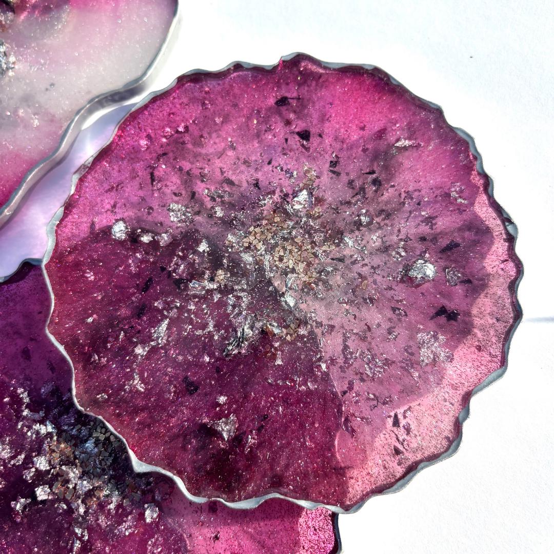 Pink & Silver Geode Resin Tray and Coaster Set