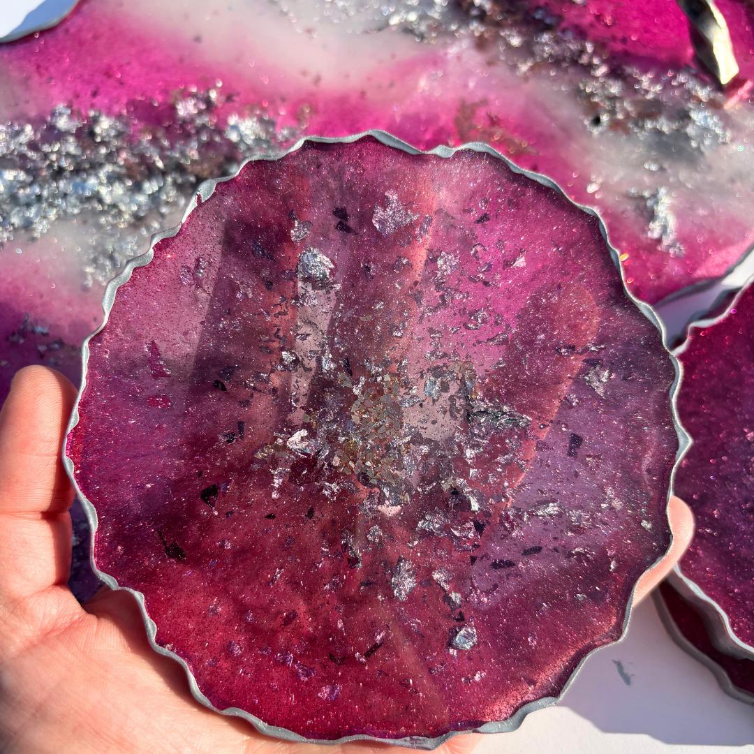 Pink & Silver Geode Resin Tray and Coaster Set