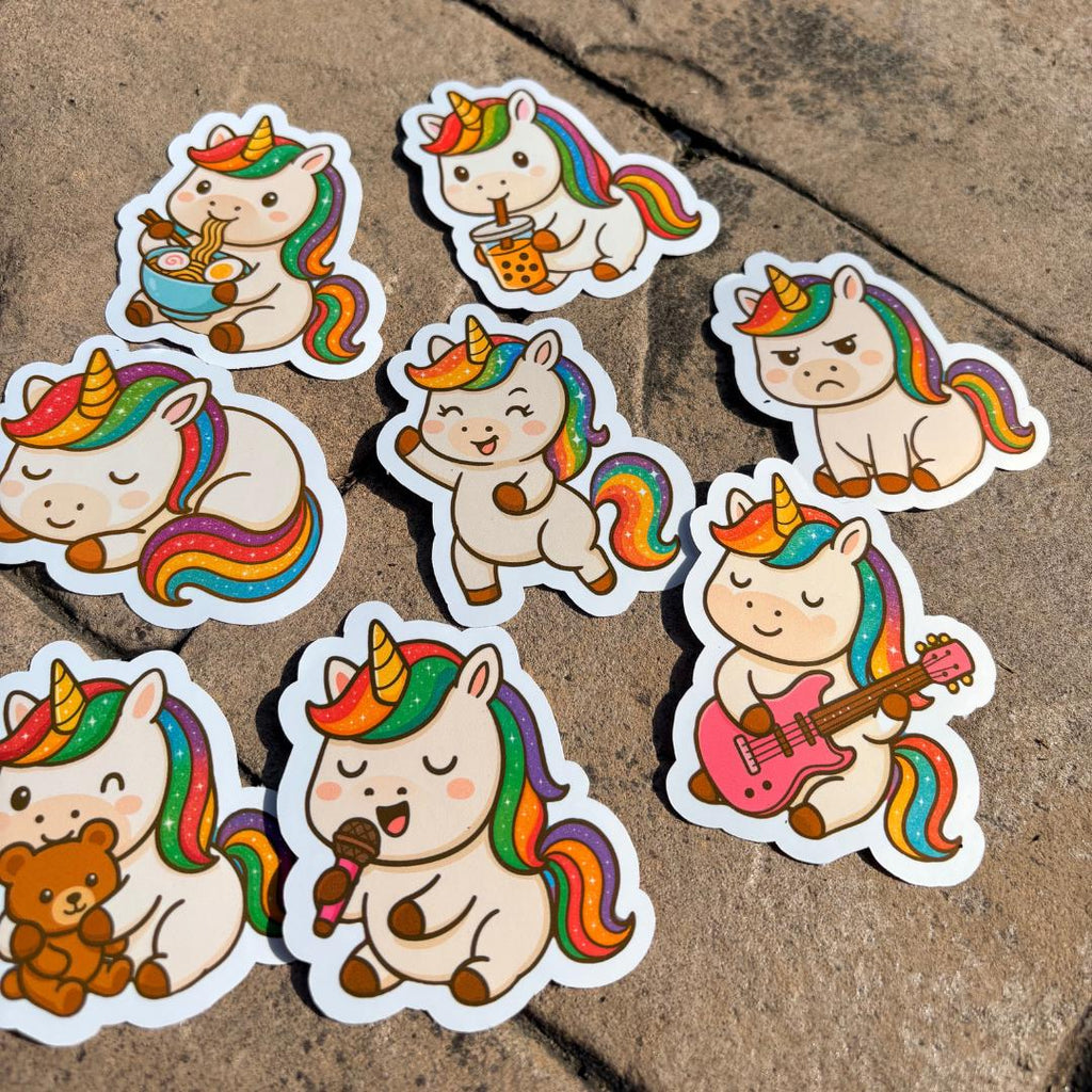 Cute Chibi Unicorn Die Cut Stickers Set of 8 - Adorable Premium Vinyl Stickers for Girls, Unicorn Lovers, Water Bottle, Laptop Stickers