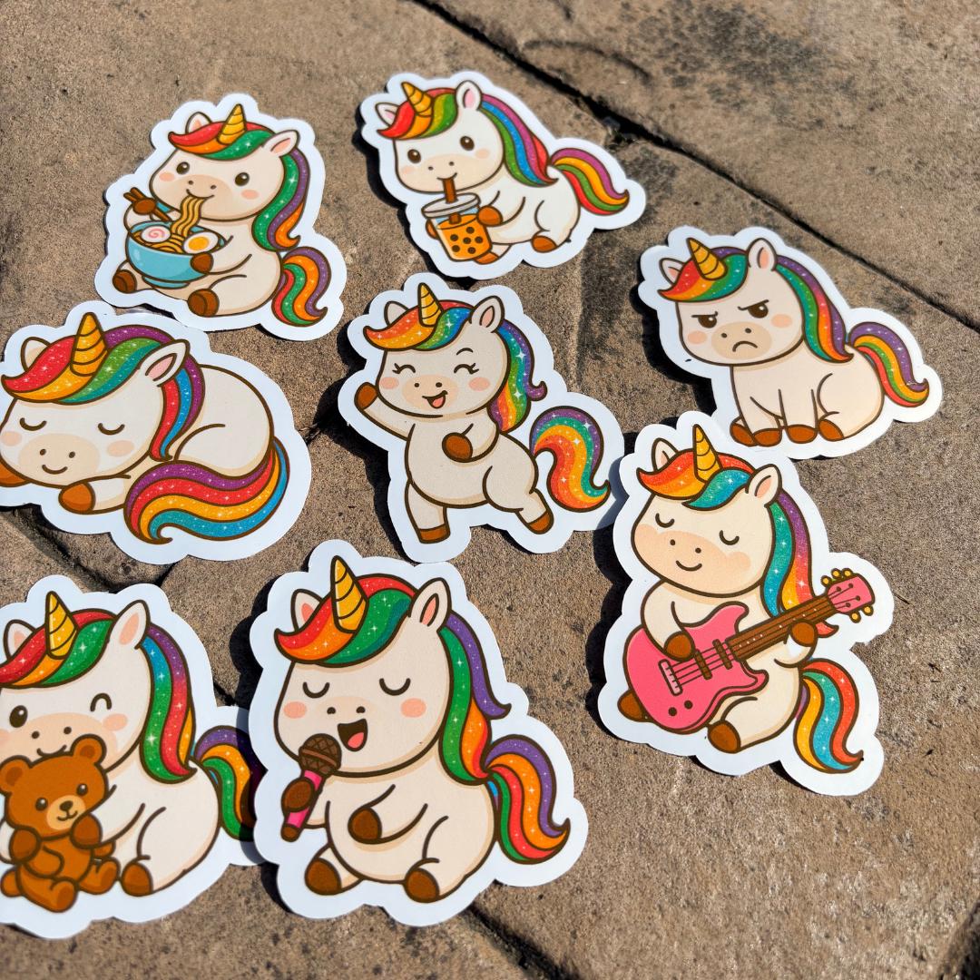 Cute Chibi Unicorn Die Cut Stickers Set of 8 - Adorable Premium Vinyl Stickers for Girls, Unicorn Lovers, Water Bottle, Laptop Stickers