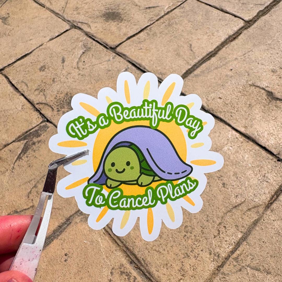 Its A Beautiful Day To Cancel Plans Vinyl Sticker: Sarcastic Humor, Funny Introvert Sticker, Laptop Decal, Water Bottle Sticker, Turtle