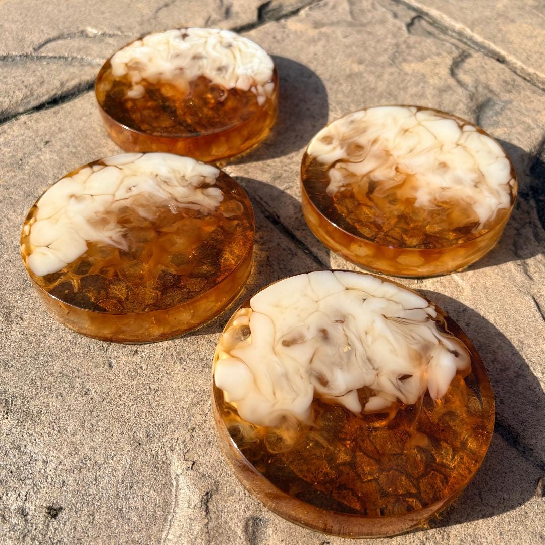 Resin Iced Coffee Coaster Set – 4 Handmade Coasters with Resin Ice & Milky Coffee Swirl | Coffee Lover Gift