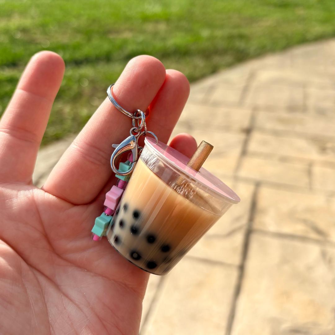 Kawaii Boba Keychain – Miniature Bubble Tea Cup | Cute Resin Charm with Straw, Beads & Sparkle
