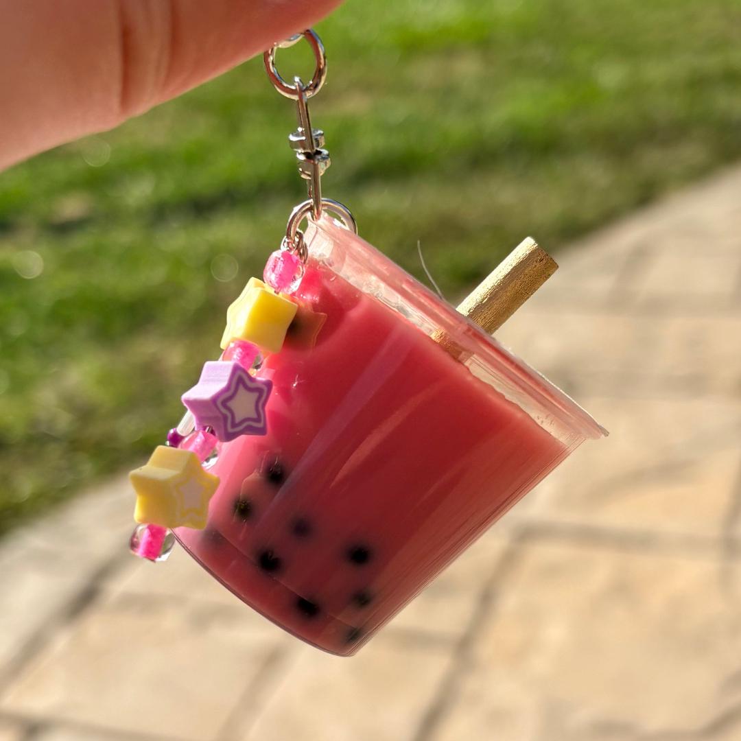 Kawaii Boba Keychain – Miniature Bubble Tea Cup | Cute Resin Charm with Straw, Beads & Sparkle