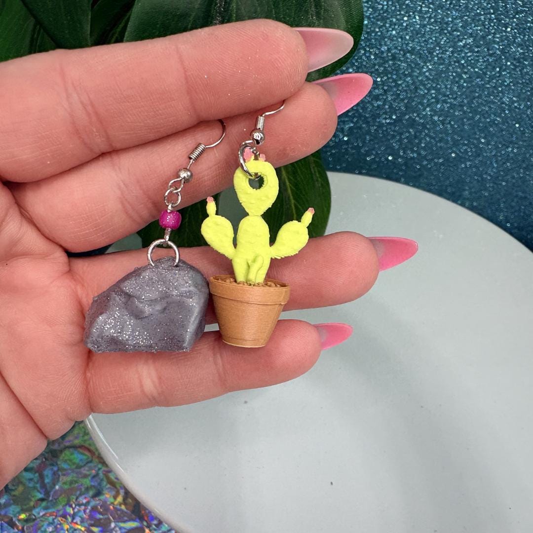 Opalite Rock & Cactus Dangle Earrings – Handmade Earrings with Mini Rock Cactus Charm | Bold Statement Jewelry