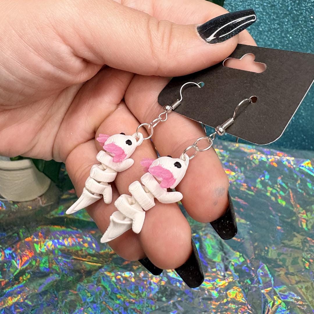 Flexi Axolotl Earrings | Articulated Axolotl Dangle Earring | Cute Kawaii Amphibian Jewelry | Pink Gill Axolotl Gift | Animal Lover Earrings
