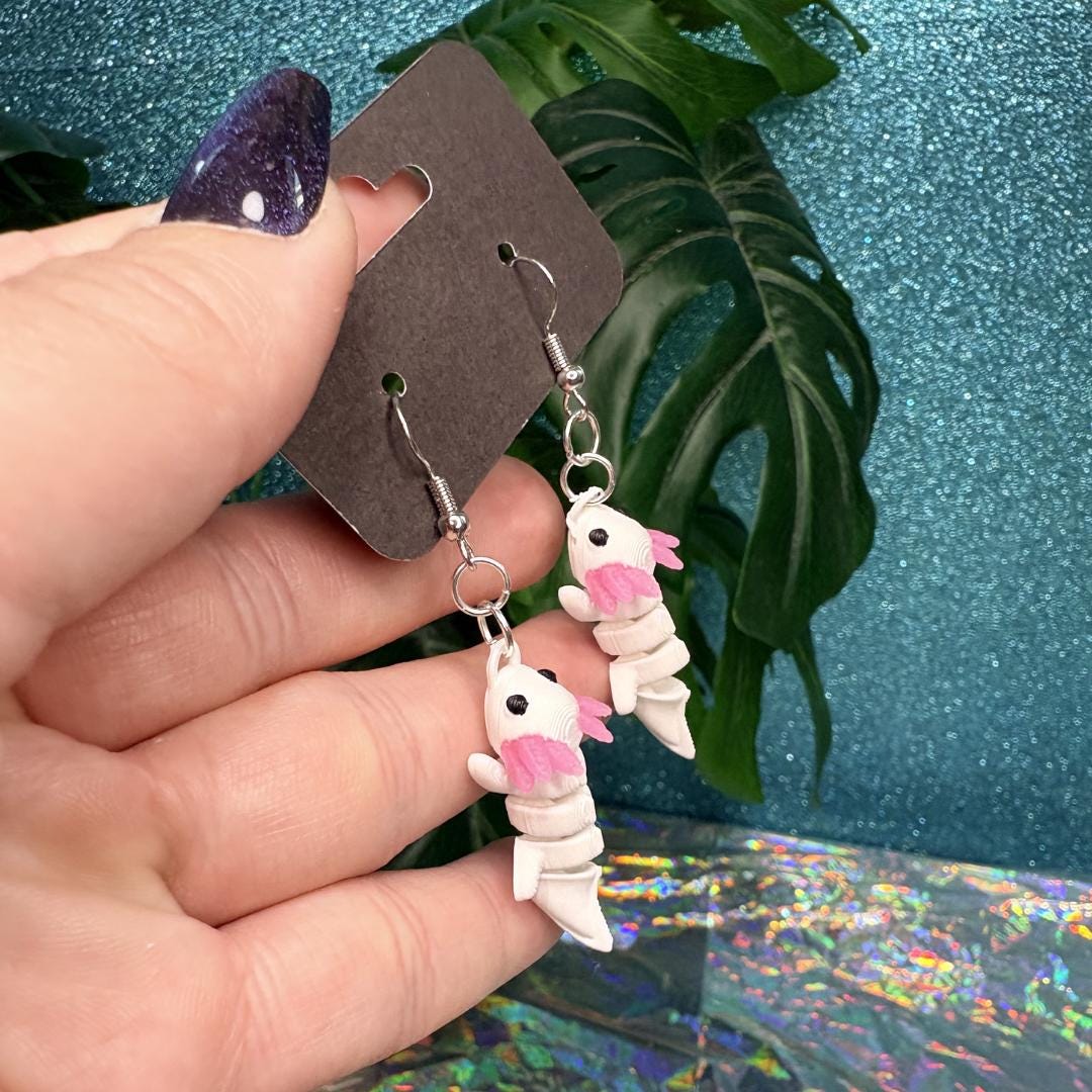 Flexi Axolotl Earrings | Articulated Axolotl Dangle Earring | Cute Kawaii Amphibian Jewelry | Pink Gill Axolotl Gift | Animal Lover Earrings